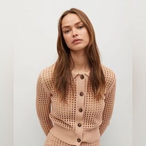 Mango Women’s Cotton Crochet Open Knit Cardigan Sweater Tan Size Small Collared